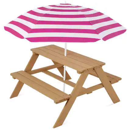 Front. Best Choice Products - Best Choice Products Kids Wooden Picnic Table, Outdoor Activity Table w/ Adjustable Umbrella, Seats - Natural/Dark Pink - Natural/Dark Pink.