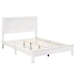 Costway - Full Size Bed Frame Platform Slat High Headboard Bedroom Rubber Wood Leg - White