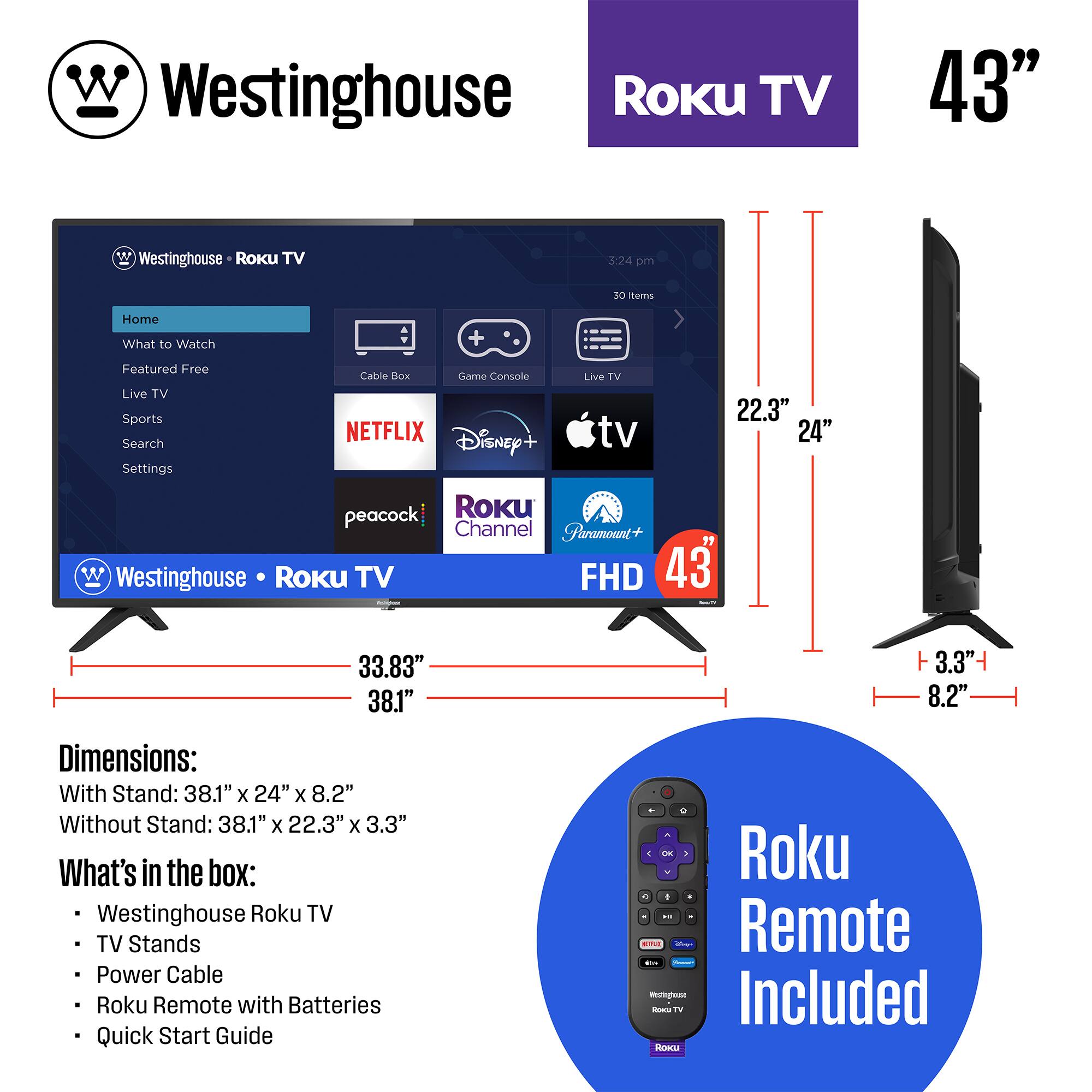 Westinghouse WR43UX4210 43 inch Class LED 4K UHD Smart Roku TV front and back view