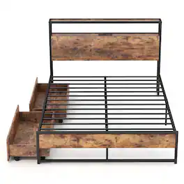 Costway - Full Industrial Platform Bed Frame with Drawer Storage Headboard Charging Station - White