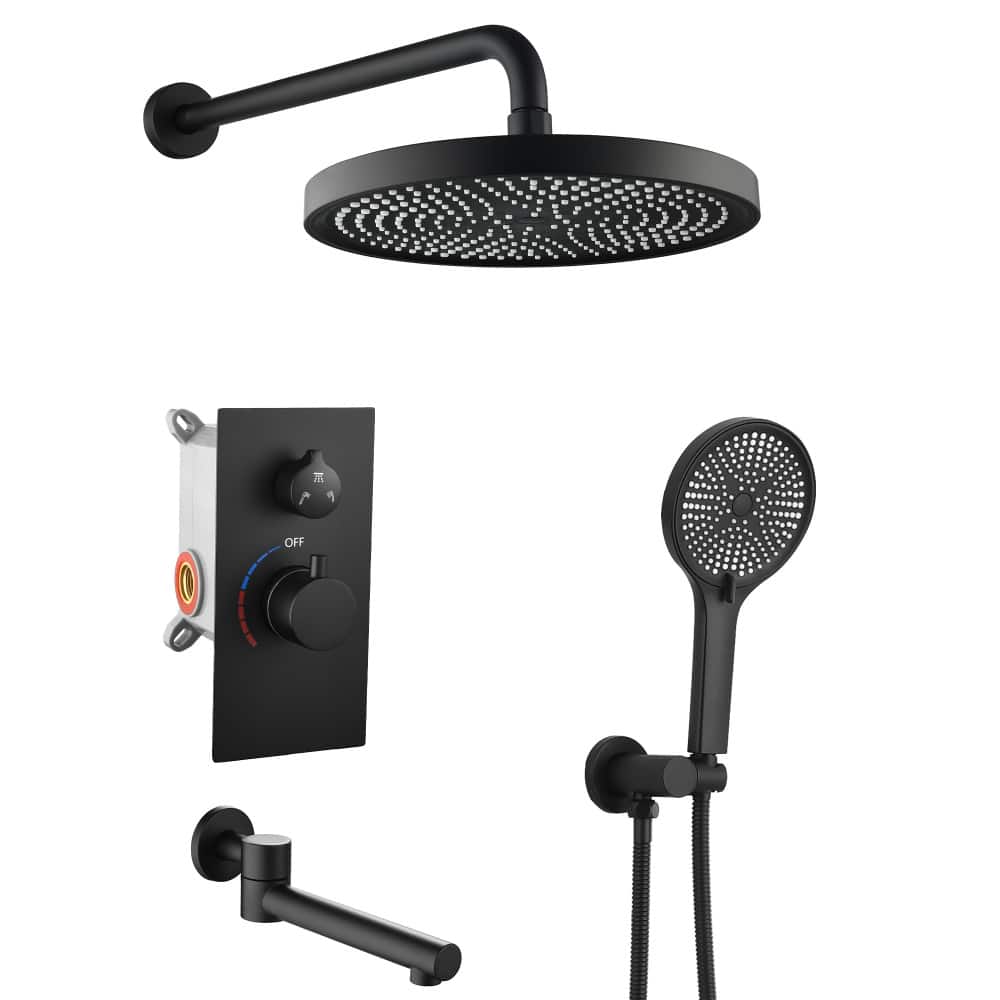 JUJABU - 10" Luxury 3-Function Shower System Solid Brass Valve with Handheld & Tub Spout - Matte Black