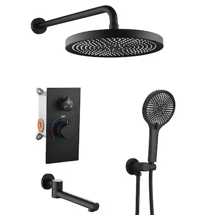 Front. JUJABU - 10" Luxury 3-Function Shower System Solid Brass Valve with Handheld & Tub Spout, Matte Black - Matte Black.