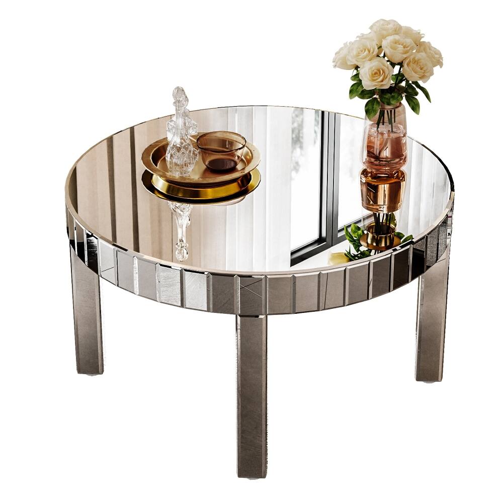 Alt View 2. Loheer - Loheer silver round mirrored coffee table, fluted mirror design center table, 31.5 inch - Silver.