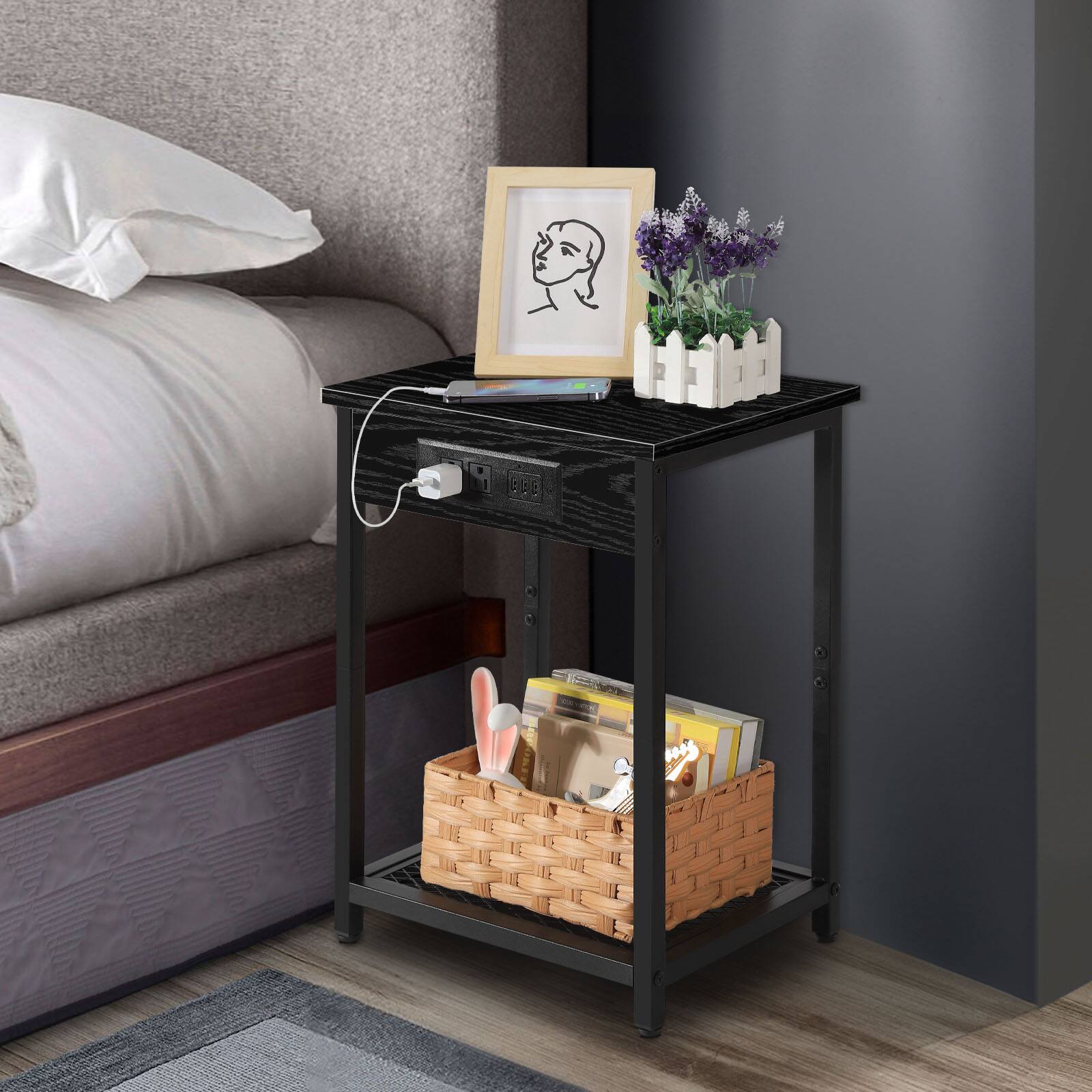 Alt View 1. Oumilen - Set of 2 Black Nightstands with Charging Station, Industrial End Tables with Mesh Shelf - Black.