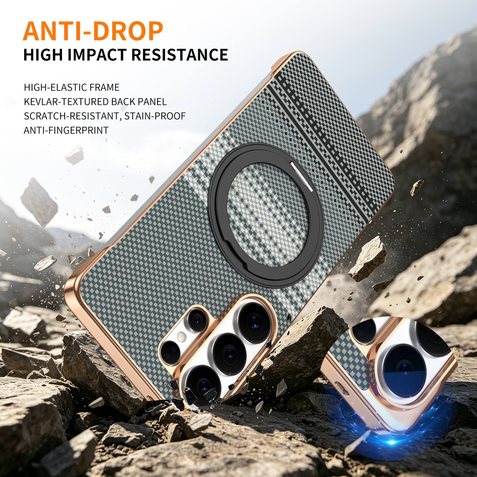 ANTI-DROP  
HIGH IMPACT RESISTANCE  
HIGH-ELASTIC FRAME  
KEVLAR-TEXTURED BACK PANEL  
SCRATCH-RESISTANT, STAIN-PROOF  
ANTI-FINGERPRINT