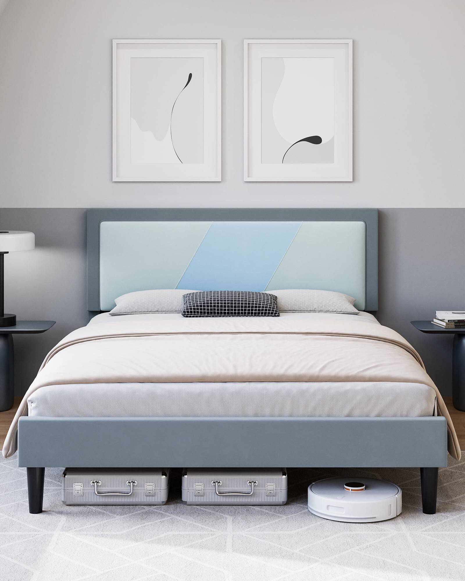 GARVEE - Full Triple Panel Platform Bed Frame MDF Finish No Box Spring Easy Assembly Bedroom Furniture - Beige