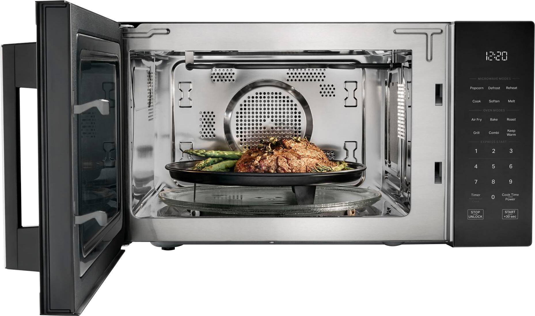 The text on the image reads: "12:20 MICROWAVE MODES Popcorn Defrost Reheat Cook Soften Meat OVEN MODES Air Fry Bake Roast Grill Combi Keep Warm EXPRESS START 1 2 3 4 5 6 7 8 9 0 Cook Time Power STOP UNLOCK START +30 s."