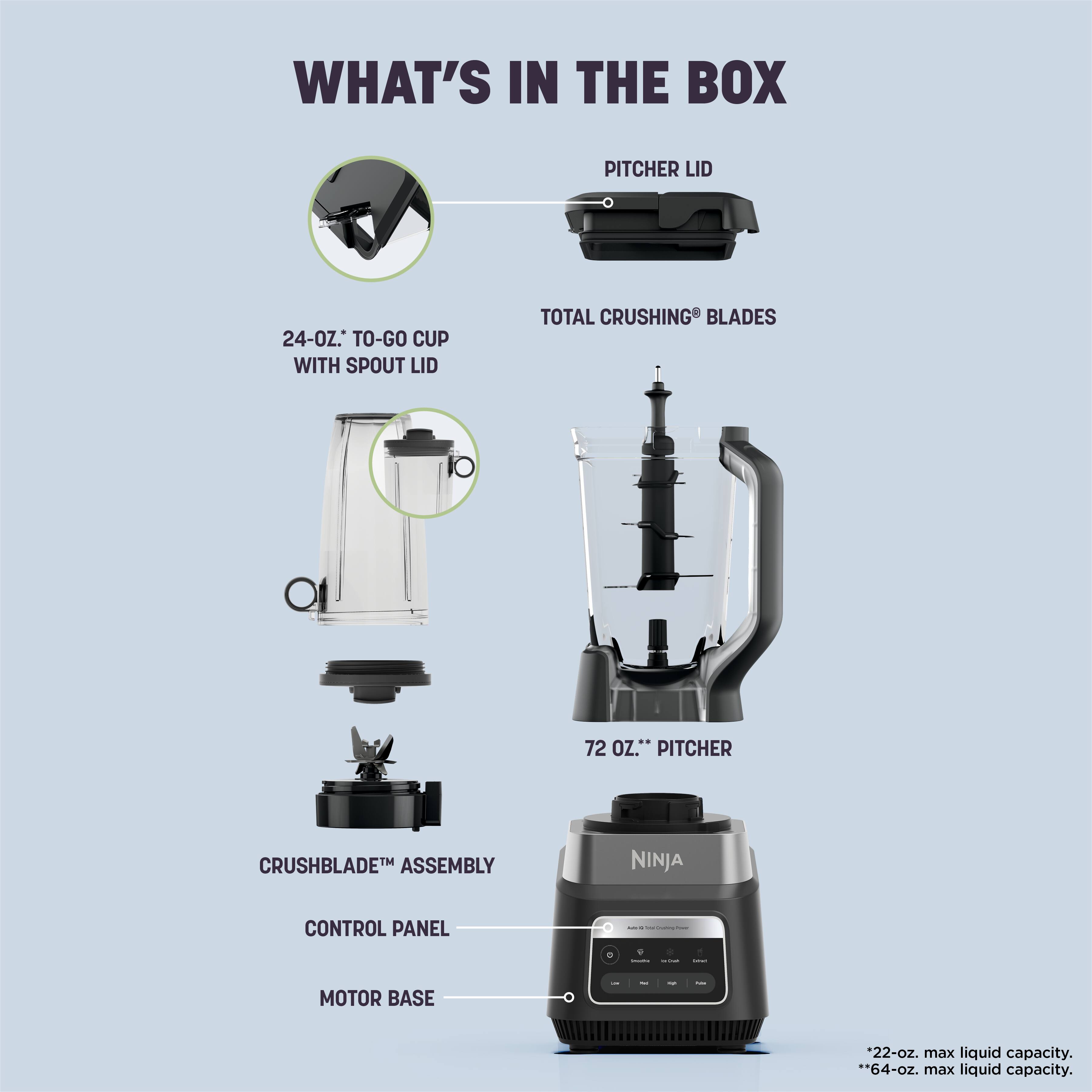 WHAT'S IN THE BOX

- PITCHER LID
- 24-OZ.* TO-GO CUP WITH SPOUT LID
- TOTAL CRUSHING BLADES
- 72 OZ.** PITCHER
- CRUSHBLADE ASSEMBLY
- CONTROL PANEL
- MOTOR BASE

*Ninja Max 900 Cooking System

*22-oz. max liquid capacity. **64-oz. max liquid capacity.