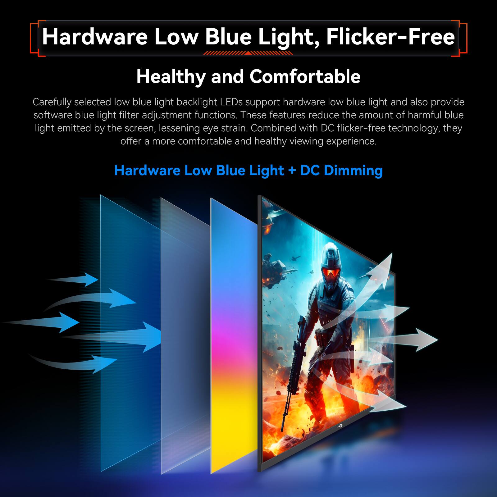 Hardware Low Blue Light, Flicker-Free Healthy and Comfortable Carefully selected low blue light backlight LEDs support hardware low blue light and also provide software blue light filter adjustment functions. These features reduce the amount of harmful blue light emitted by the screen, lessening eye strain. Combined with DC flicker-free technology, they offer a more comfortable and healthy viewing experience. Hardware Low Blue Light + DC Dimming