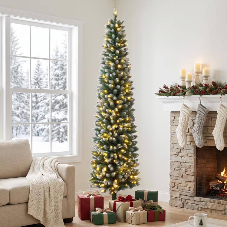 PULUZ 8ft Pencil Prelit Christmas Tree, Dual Color, Flocked White and ...