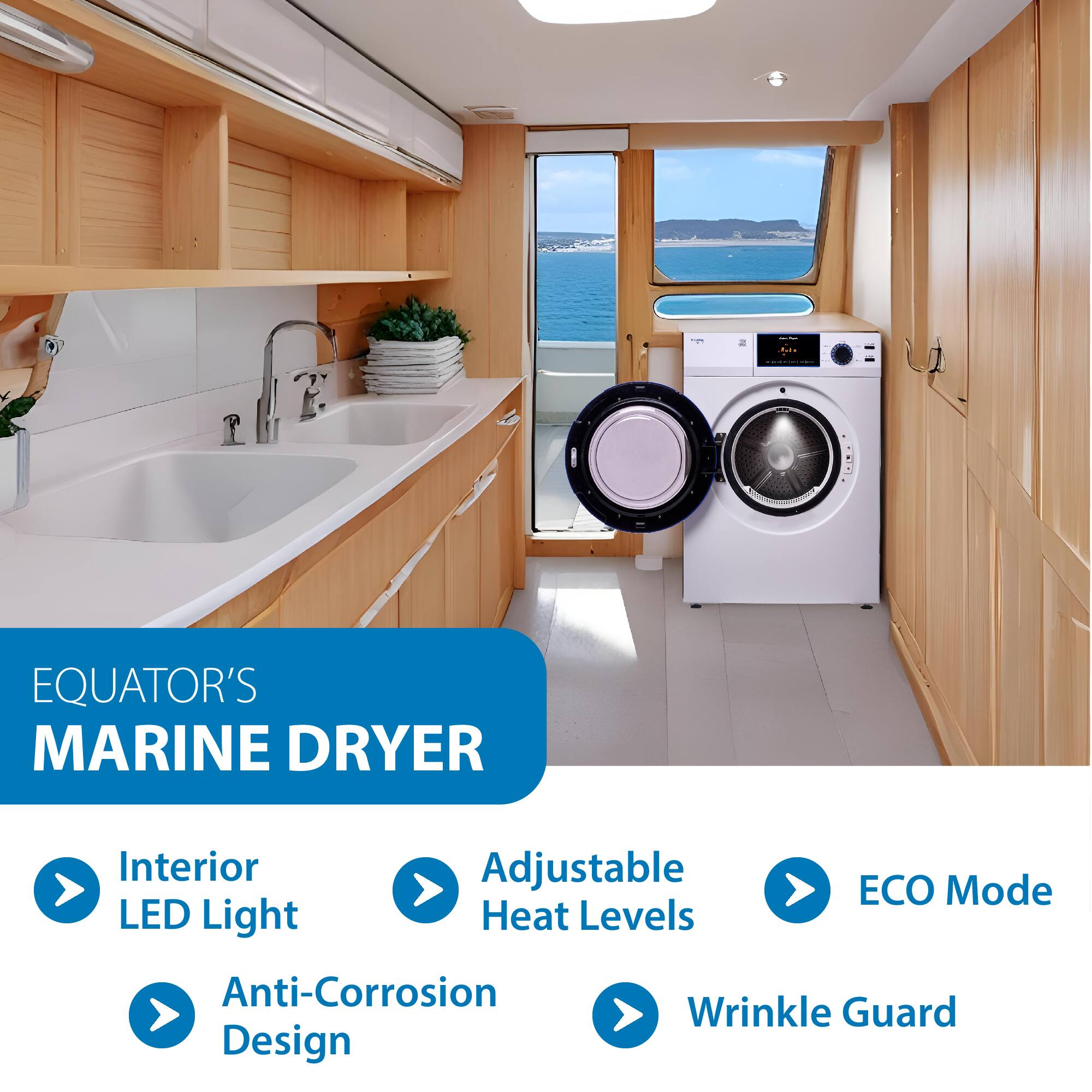 EQUATOR'S MARINE DRYER

- Interior LED Light
- Adjustable Heat Levels
- ECO Mode
- Anti-Corrosion Design
- Wrinkle Guard