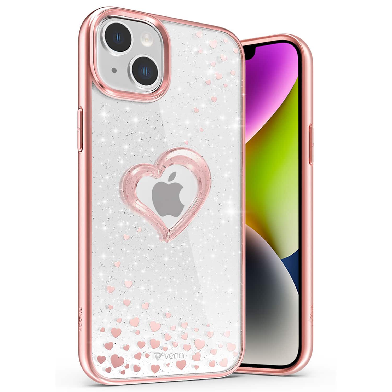 Front. Vena - vLove Glitter Heart Case for Apple iPhone 15 Plus / iPhone 14 Plus - Rose Gold - Multicolored.