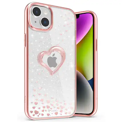 Front. Vena - vLove Glitter Heart Case for Apple iPhone 15 Plus / iPhone 14 Plus - Rose Gold - Multicolored.