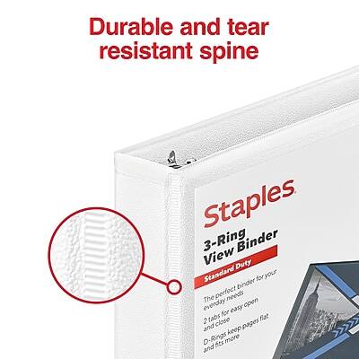 Durable and tear resistant spine

Staples
3-Ring Binder
View Binder
Standard Duty

The perfect binder for your everyday needs
Easy to open
2 tabs for easy organization
D-rings keep pages flat and fits more