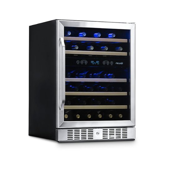 Front Zoom. NewAir 24” Built-in 46 Bottle Dual Zone Compressor Wine Cooler in Stainless Steel, with Beech Wood Shelves - Stainless steel.