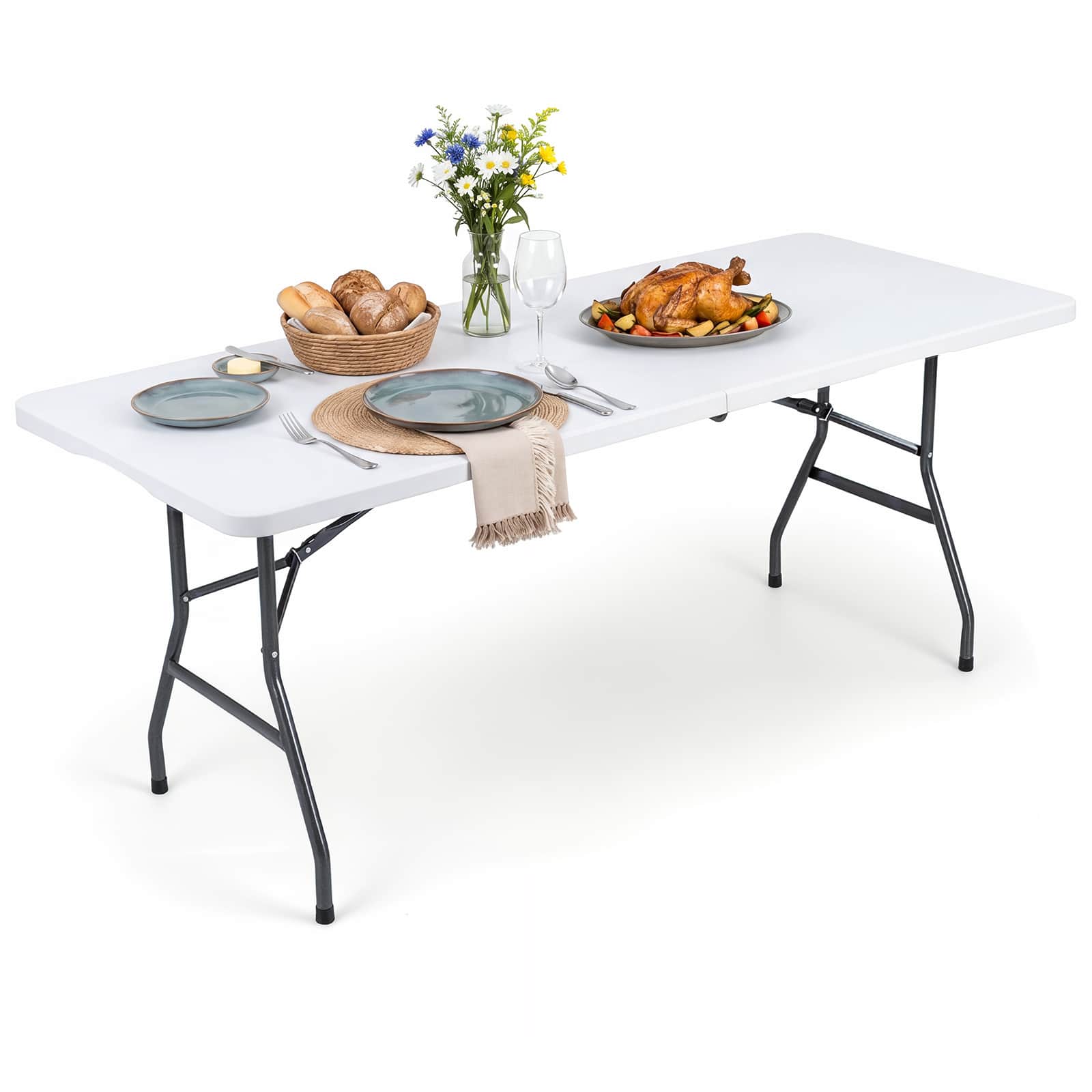 Costway - Indoor Outdoor Portable Utility Table with Metal Legs Rattan-like Tabletop - White price history on PriceWatchPro