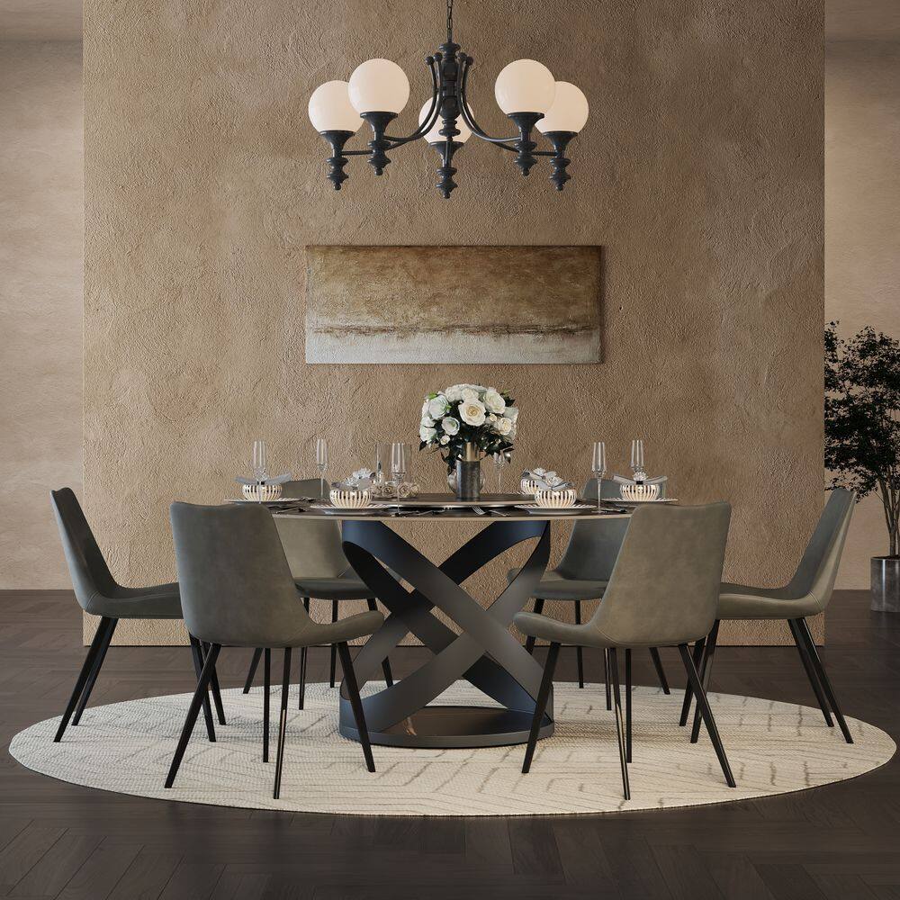 Left. POVISON - 51" Modern Black Round Dining Table for 6 with Lazy Susan, Matte Sintered Stone Tabletop, Black X Carbon Steel Base - Black Matte Sintered Stone with Black.