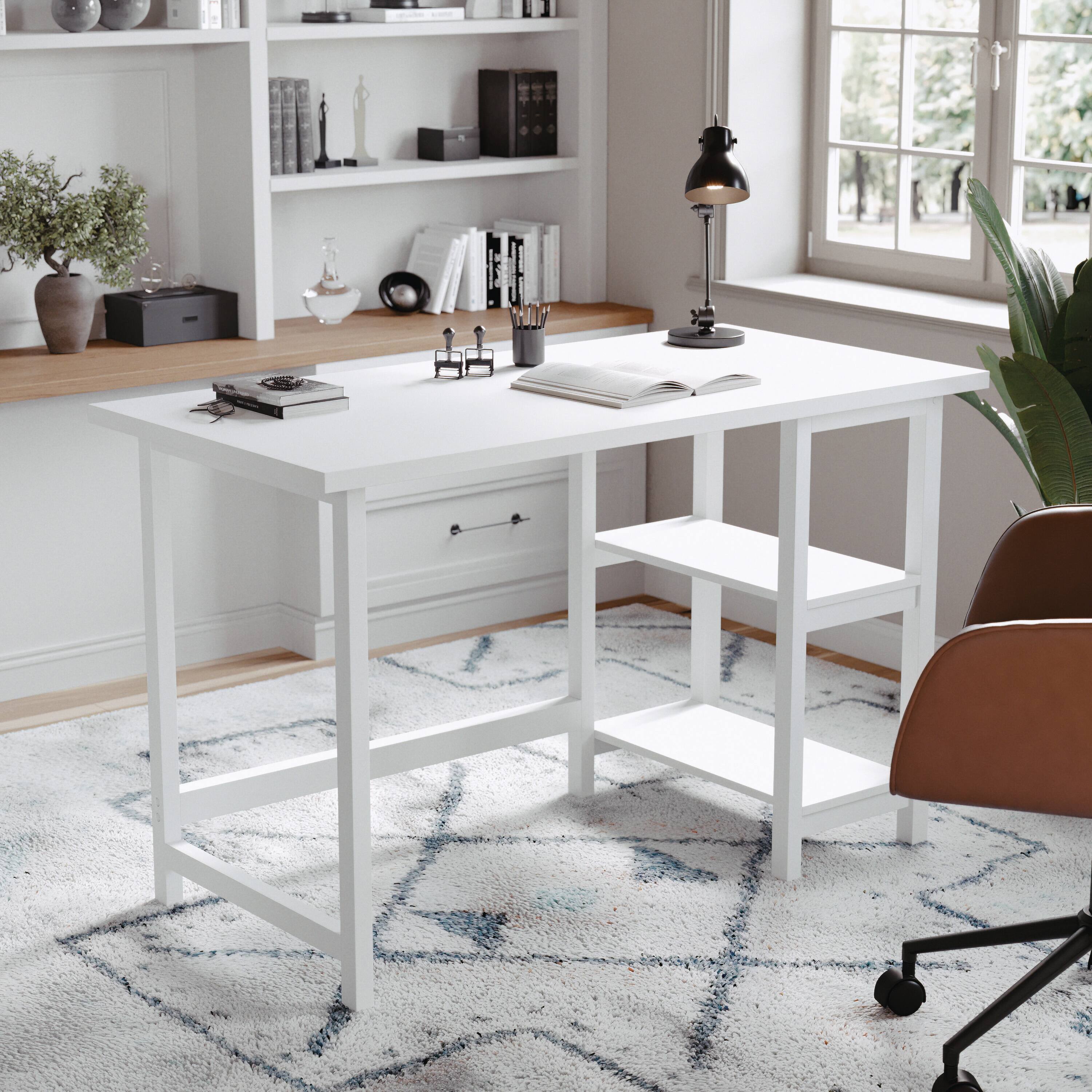 Alt View 14. Martha Stewart - Beckett Modern Trestle Desk with Open Side Shelving - White Wood Grain.