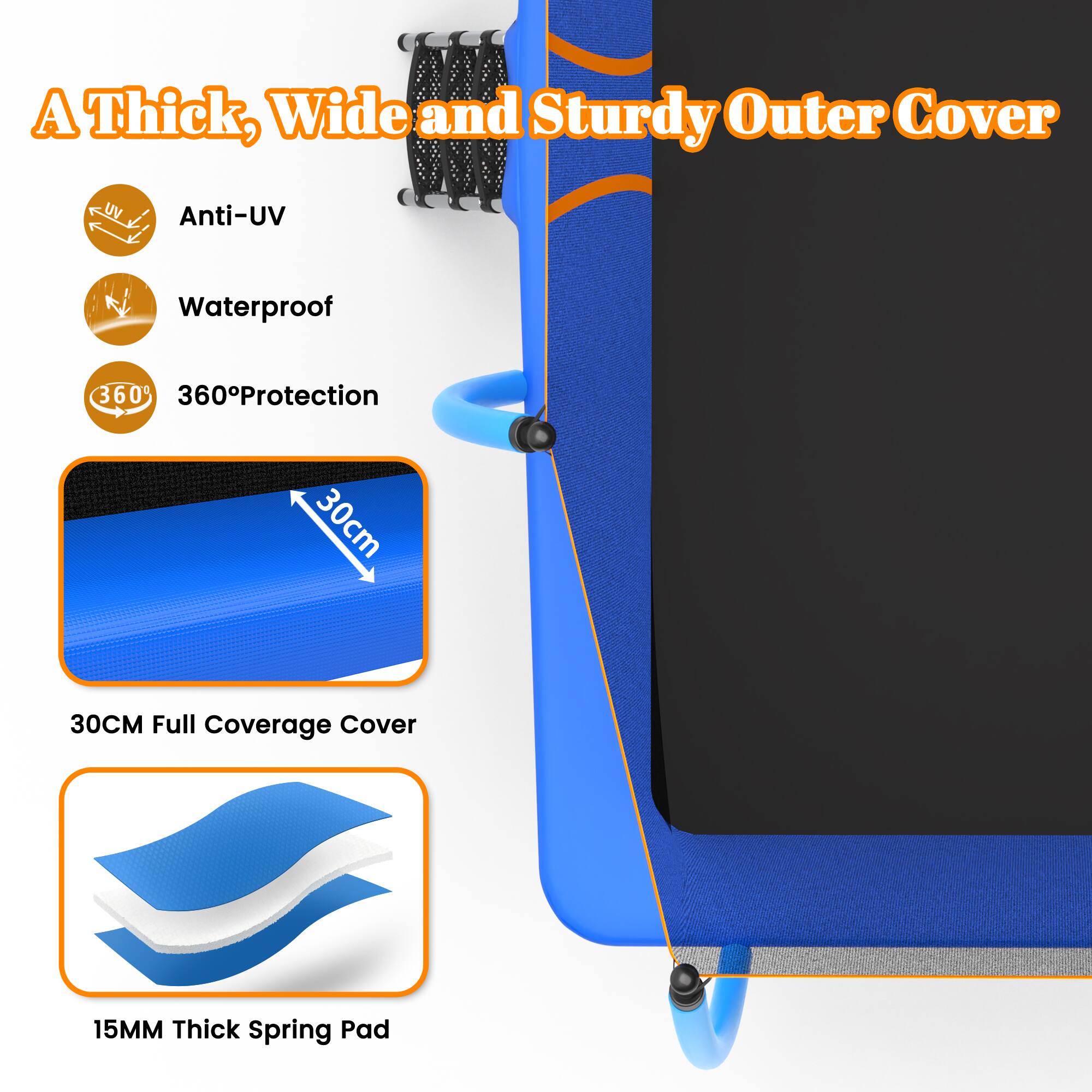 A Thick, Wide and Sturdy Outer Cover

- Anti-UV
- Waterproof
- 360° Protection
- 30CM Full Coverage Cover
- 15MM Thick Spring Pad