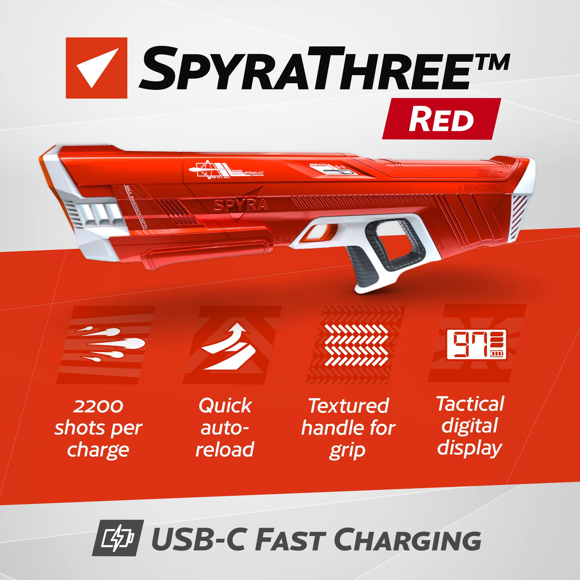 SPYRATHREE™ RED

- 2200 shots per charge
- Quick auto-reload
- Textured handle for grip
- Tactical digital display

USB-C FAST CHARGING