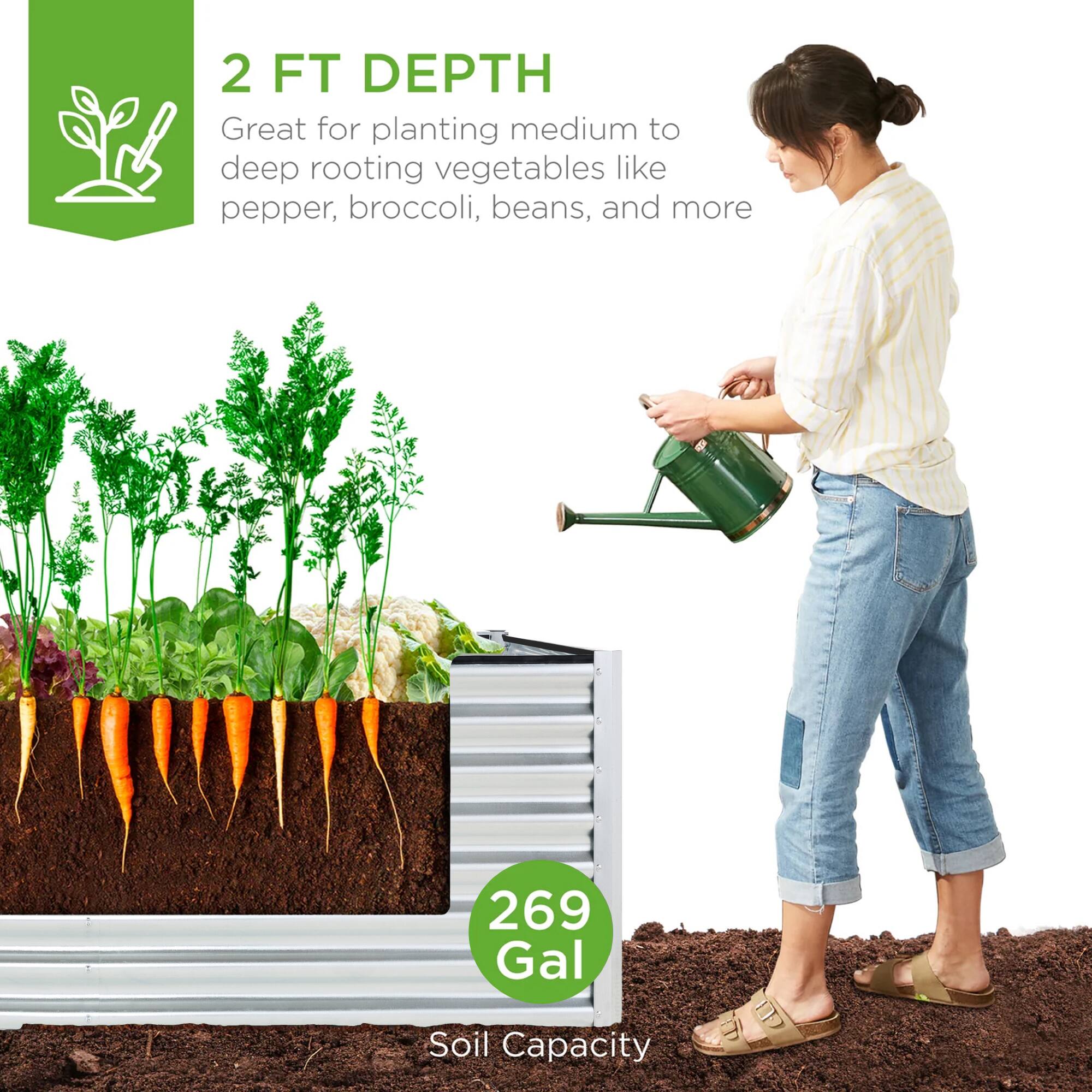 2 FT DEPTH  
Great for planting medium to deep rooting vegetables like pepper, broccoli, beans, and more  

269 Gal  
Soil Capacity