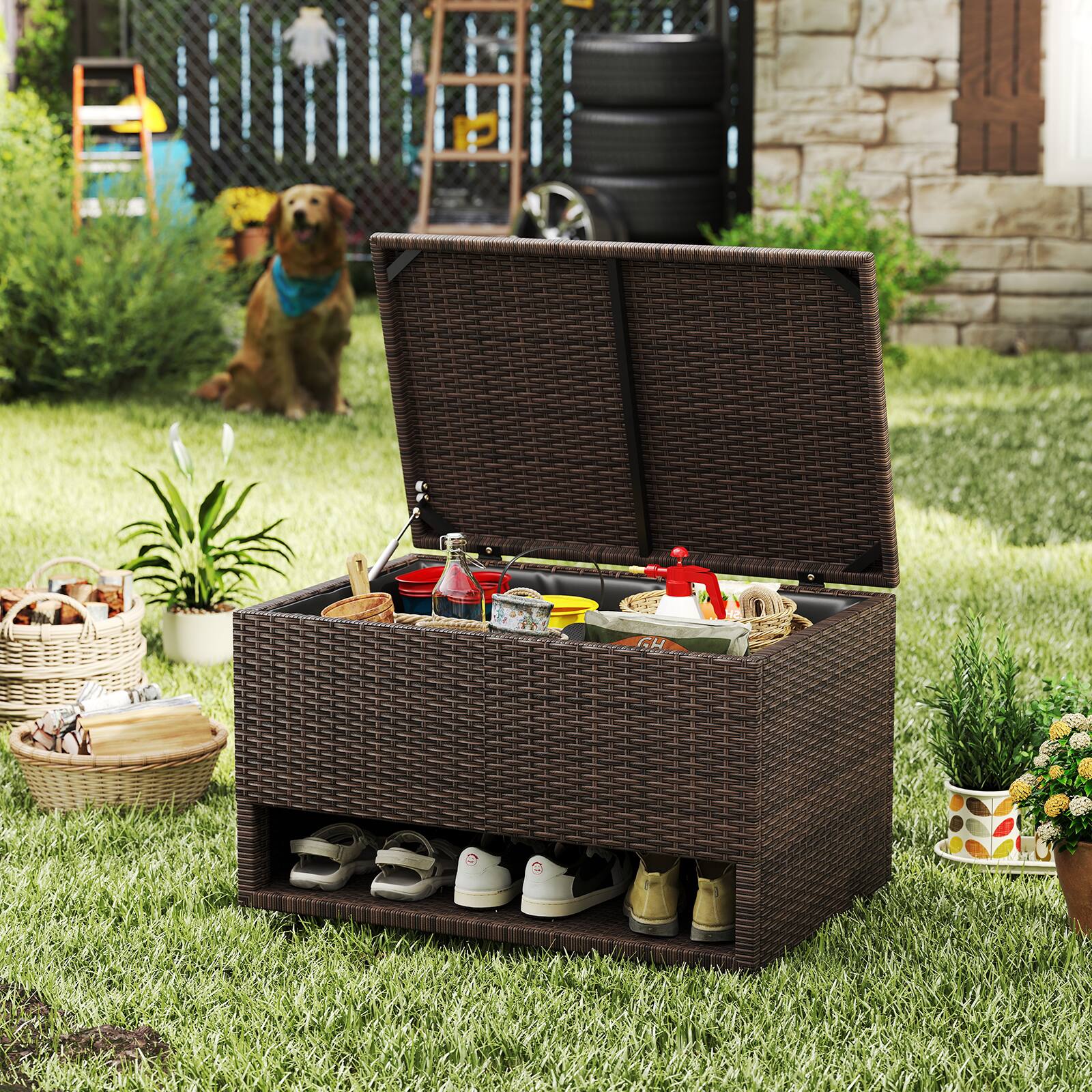 Alt View 1. Gymax - Gymax 48 Gallon PE Wicker Rattan Deck Box w/ Shoe Rack Outdoor Storage Bin w/ Protective Liner - Mix Brown.