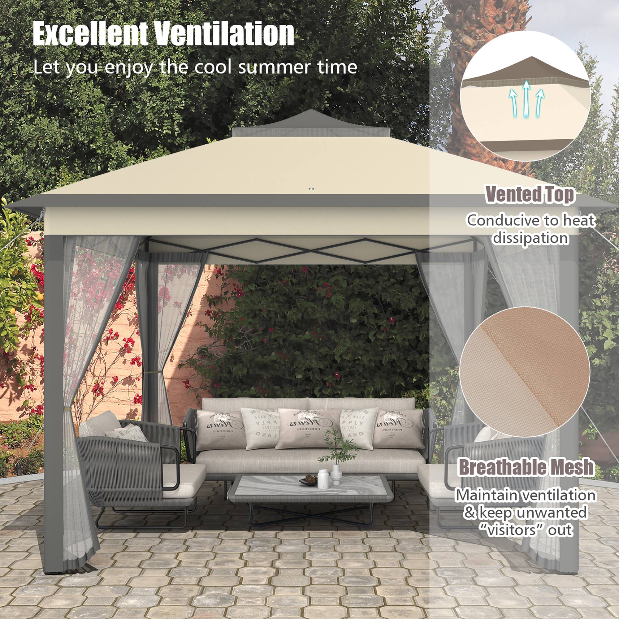 Excellent Ventilation  
Let you enjoy the cool summer time  

Vented Top  
Conducive to heat dissipation  

Breathable Mesh  
Maintain ventilation & keep unwanted "visitors" out