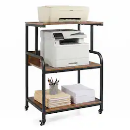 Costway - 3-Tier Rolling Printer Stand with Adjustable Shelf, Lockable Wheels, Metal Frame - Rustic Brown & Black