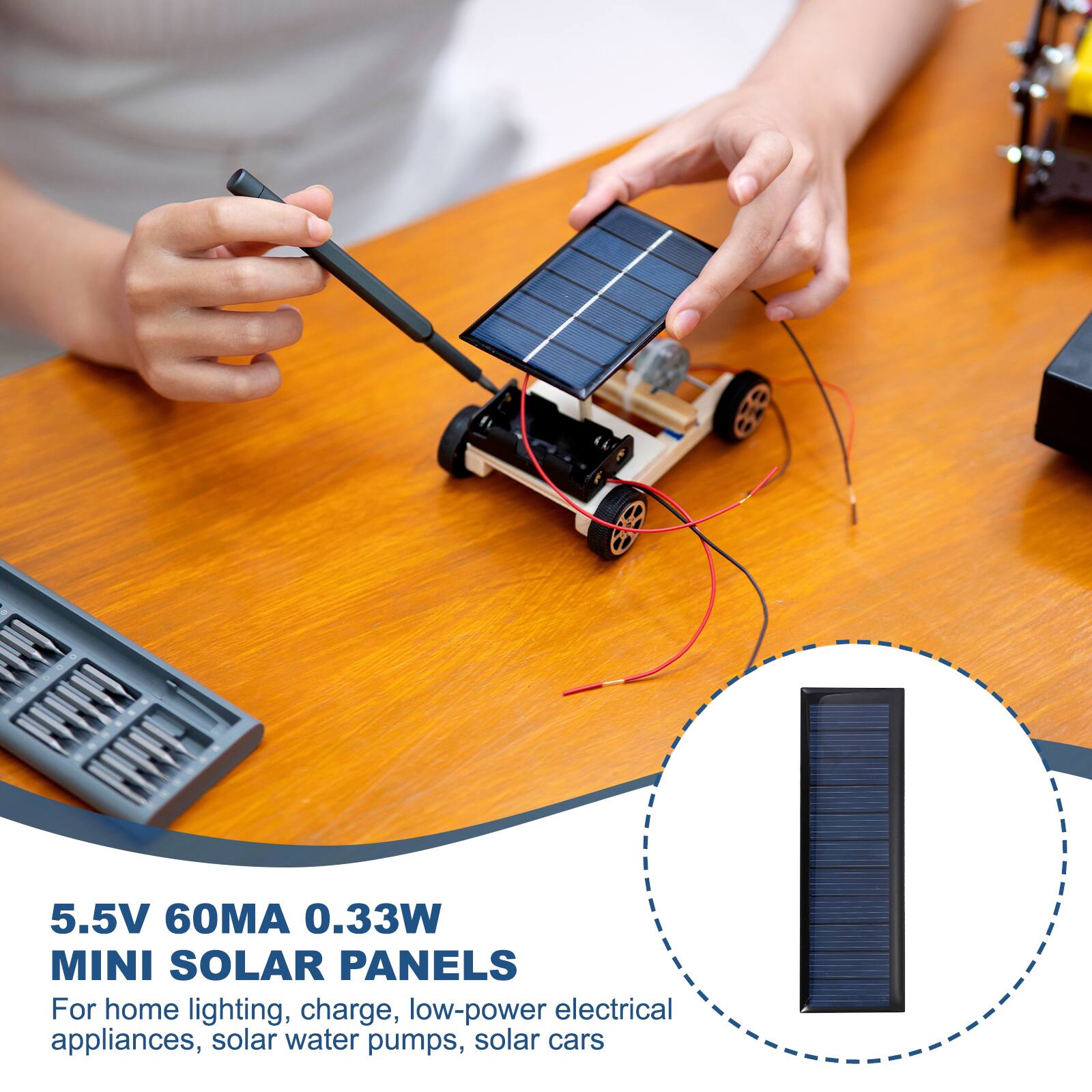 5.5V 60MA 0.33W MINI SOLAR PANELS

For home lighting, charge, low-power electrical appliances, solar water pumps, solar cars
