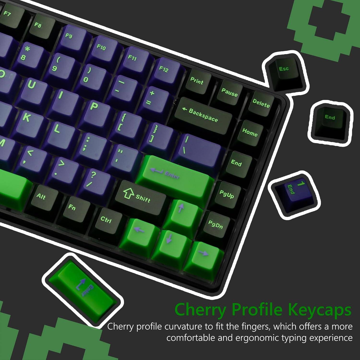 F7 O 1 F8 F9 * 8 ( 9 U I K L < 9 > Alt Fn F10 F11 ) F12 Esc 0 - Print - + Pause = Delete P { Backspace [ } Home ] I ; 1 / I End ? Enter / PgUp End Shift Ctrl PgDn End S

Cherry Profile Keycaps

Cherry profile curvature to fit the fingers, which offers a more comfortable and ergonomic typing experience