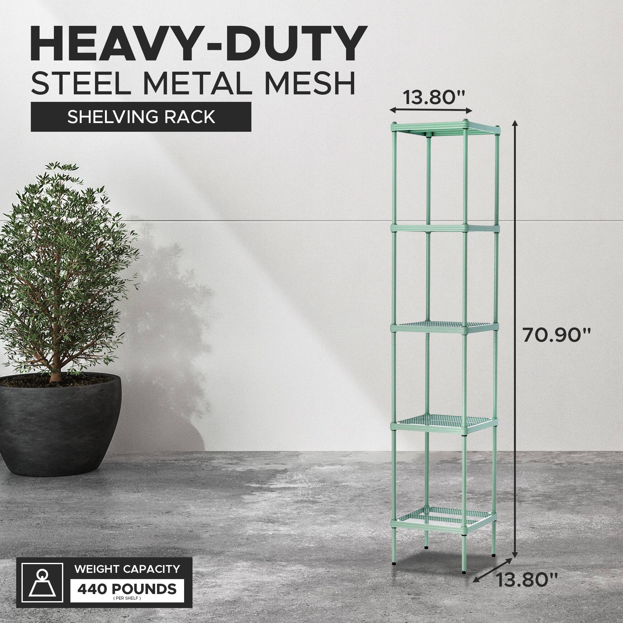 HEAVY-DUTY STEEL METAL MESH SHELVING RACK

13.80" SHELF WIDTH

70.90" HEIGHT

WEIGHT CAPACITY: 440 POUNDS PER SHELF