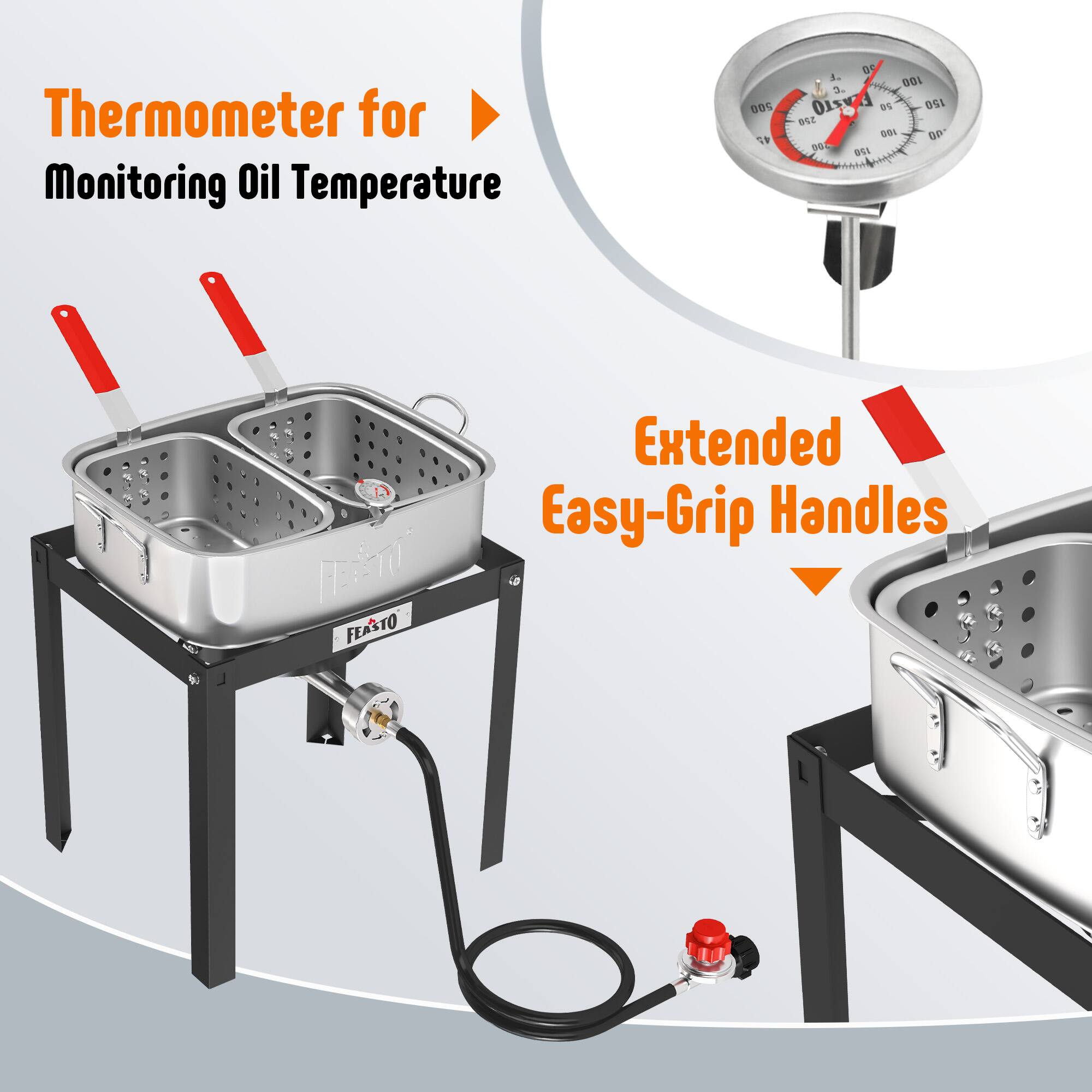 Thermometer for Monitoring Oil Temperature

Extended Easy-Grip Handles
