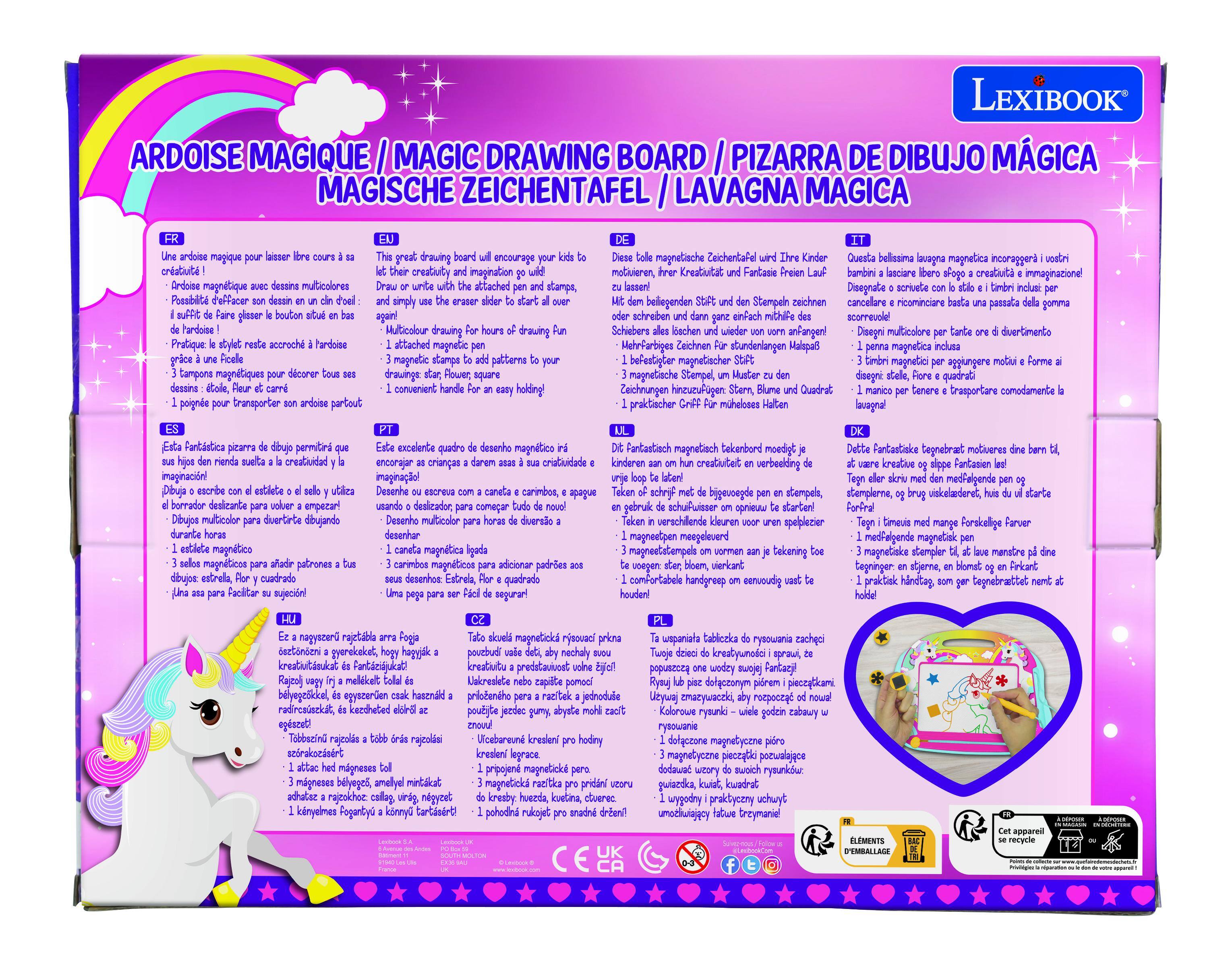 LEXIBOOK ARDOISE MAGIQUE / MAGIC DRAWING BOARD / PIZARRA DE DIBUJO MÁGICA / MAGISCHE ZEICHENTAFEL / LAVAGNA MAGICA

FR
Une ardoise magique pour laisser libre cours à sa créativité et imagination ! 
- Ardoise magnétique avec dessins multicolores 
- Possibilité de dessiner sans encre 
- Il suffit de faire glisser le bouton situé en bas 
- Pratique le stylet attaché à l'ardoise 
- 3 tampons magnétiques pour décorer tous ses dessins : étoile, fleur et carré 
- 1 pince pour transporter l'ardoise partout 

ES
Esta fantástica pizarra de dibujo permitirá que sus hijos den rienda suelta a la creatividad y la imaginación ! 
- Dibuja a tu gusto y utiliza el borrador deslizable para volver a empezar 
- Dibujos multicolores para divertirte ¡diviértete durante horas! 
- 3 sellos magnéticos para adicionar patrones a tus dibujos : est