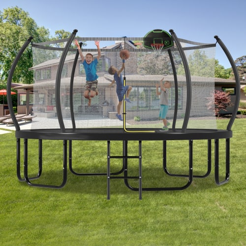 Front. DRONKON - 16 FT Trampoline with Basketball Hoop Enclosure Net for Kids and Adults - Black.