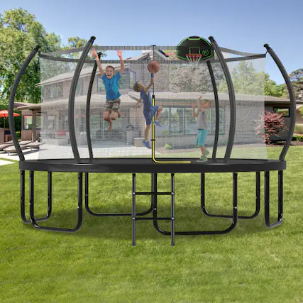 Front. DRONKON - 16 FT Trampoline with Basketball Hoop Enclosure Net for Kids and Adults - Black.