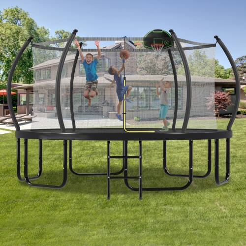 Front. DRONKON - 16 FT Trampoline with Basketball Hoop Enclosure Net for Kids and Adults - Black.