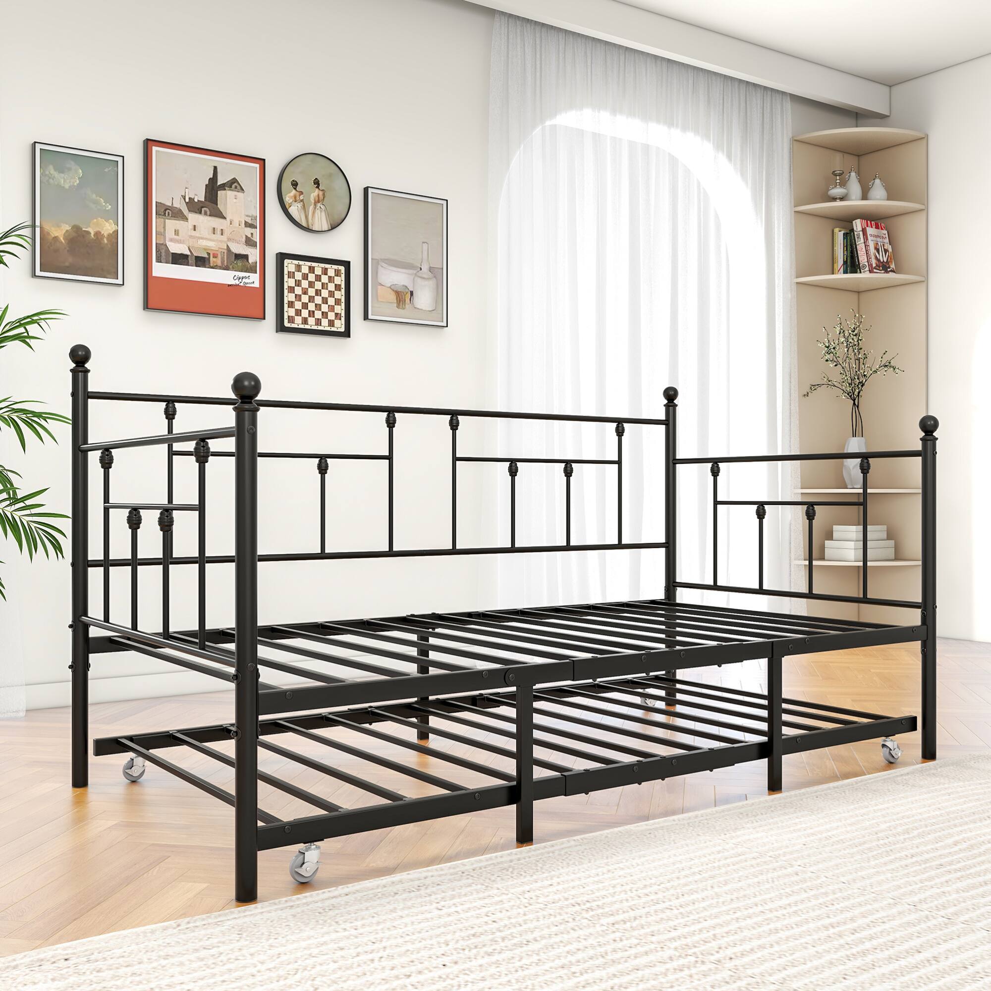 Alt View 6. GOODSILO - Twin Size Metal Daybed Frame with Adjustable Trundle Set for Guest Rooms, Bedrooms, and Living Spaces - Black.