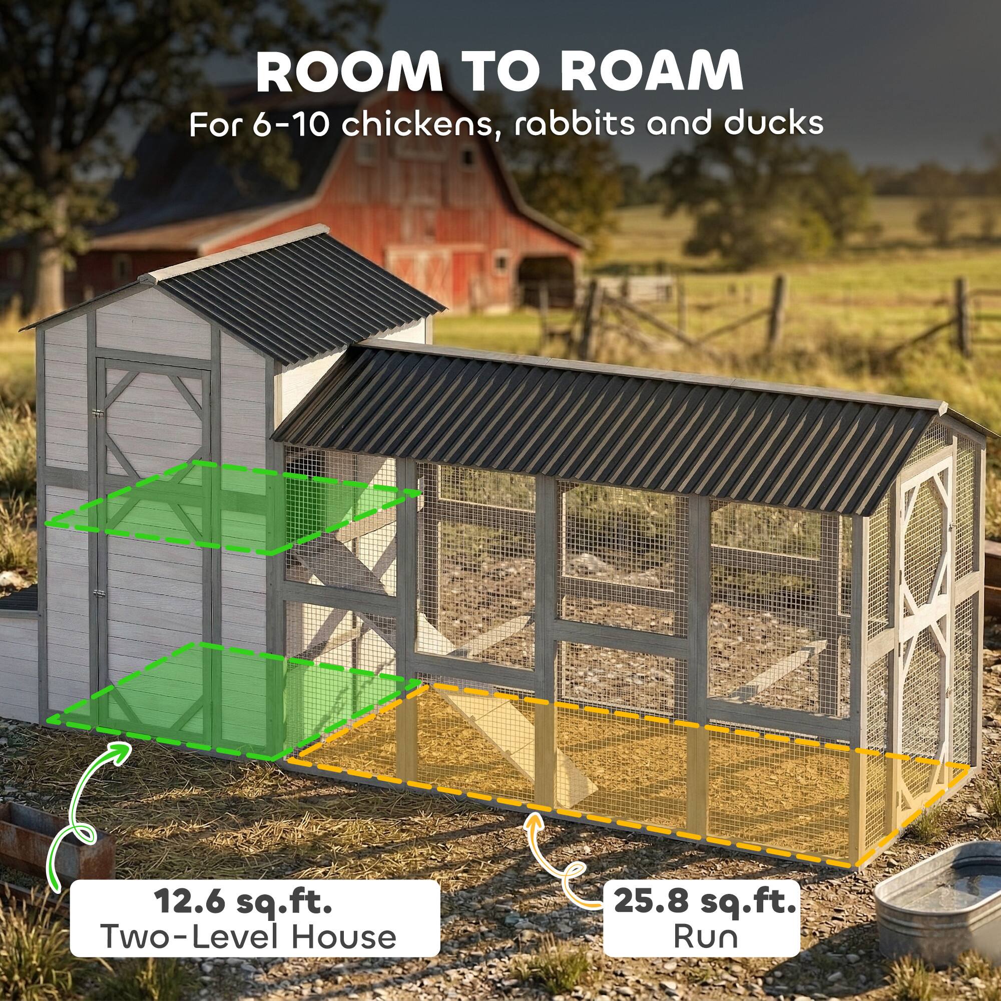 ROOM TO ROAM  
For 6-10 chickens, rabbits and ducks  

12.6 sq.ft.  
Two-Level House  

25.8 sq.ft.  
Run