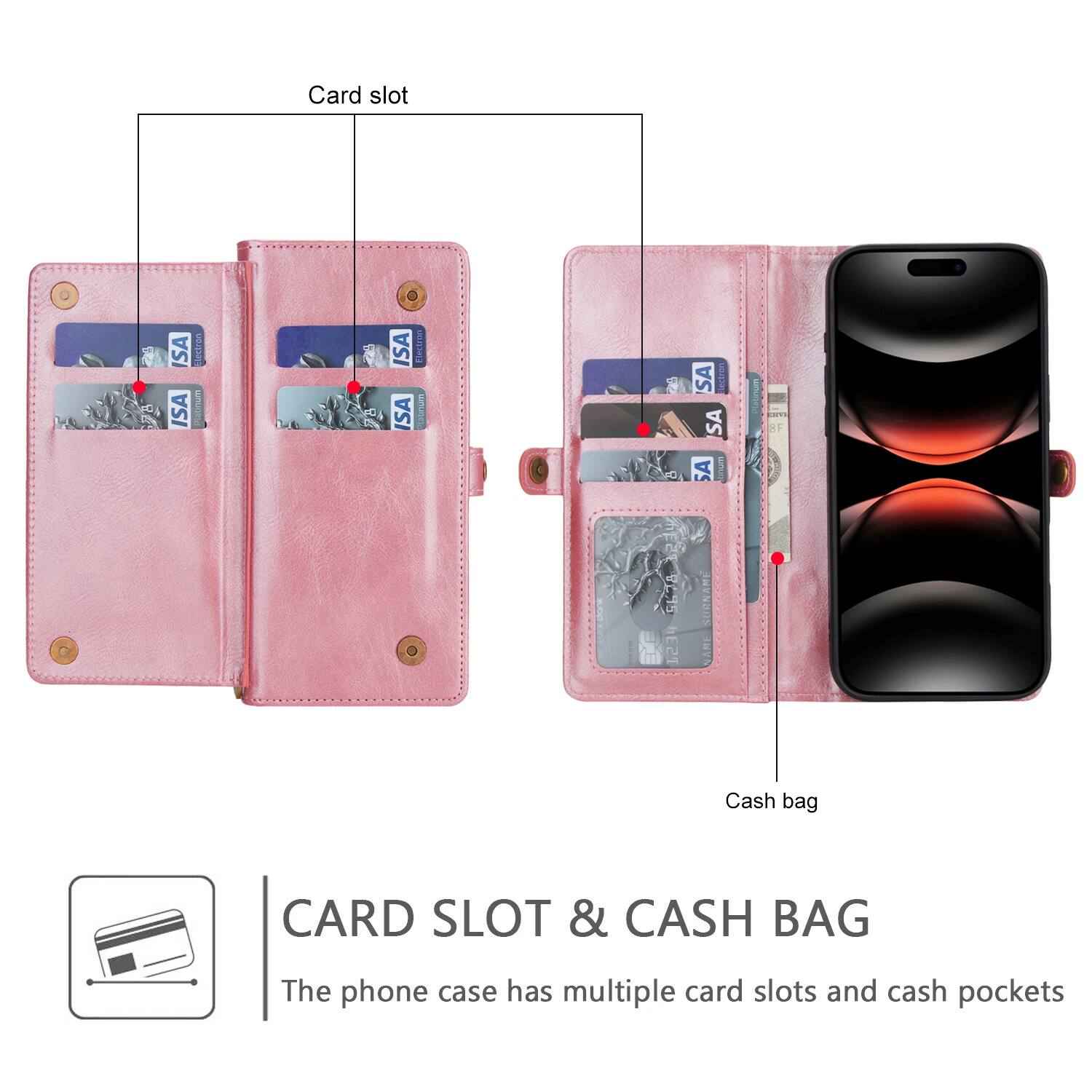 CARD SLOT & CASH BAG

The phone case has multiple card slots and cash pockets