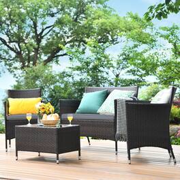 Gymax - 4PCS Patio Rattan Conversation Furniture Set Outdoor w/ Cushion - Gray