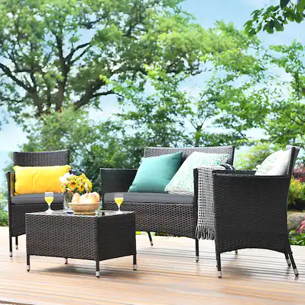 Front. Gymax - Gymax 4PCS Patio Rattan Conversation Furniture Set Outdoor w/ Gray Cushion - Gray.