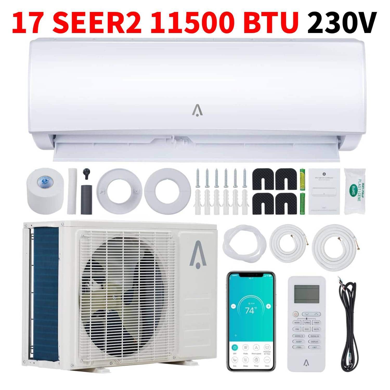 Acekool - 230V 17 SEER2 11500 BTU Wifi Enabled Mini Split Air Conditioner, AC Unit & Heater for 550 Sq.Ft - White