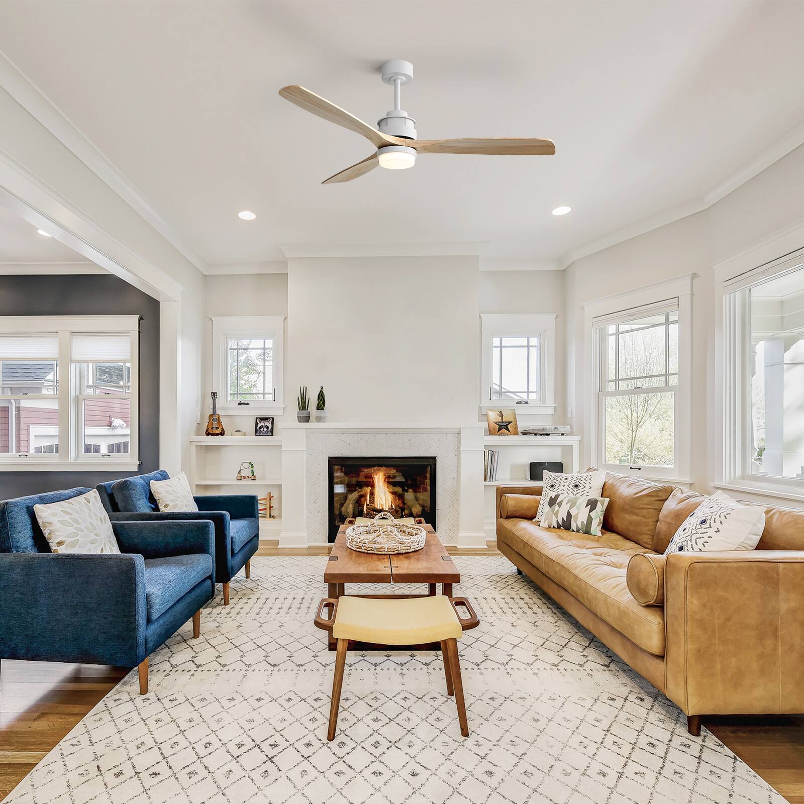 Alt View 4. Sofucor - 60 Inch Solid Wood Ceiling Fan With Remote Control Indoor/Outdoor Ceiling Fan with Reversible DC Motor 6 Speed 3 Blades - White-Burley with Light.