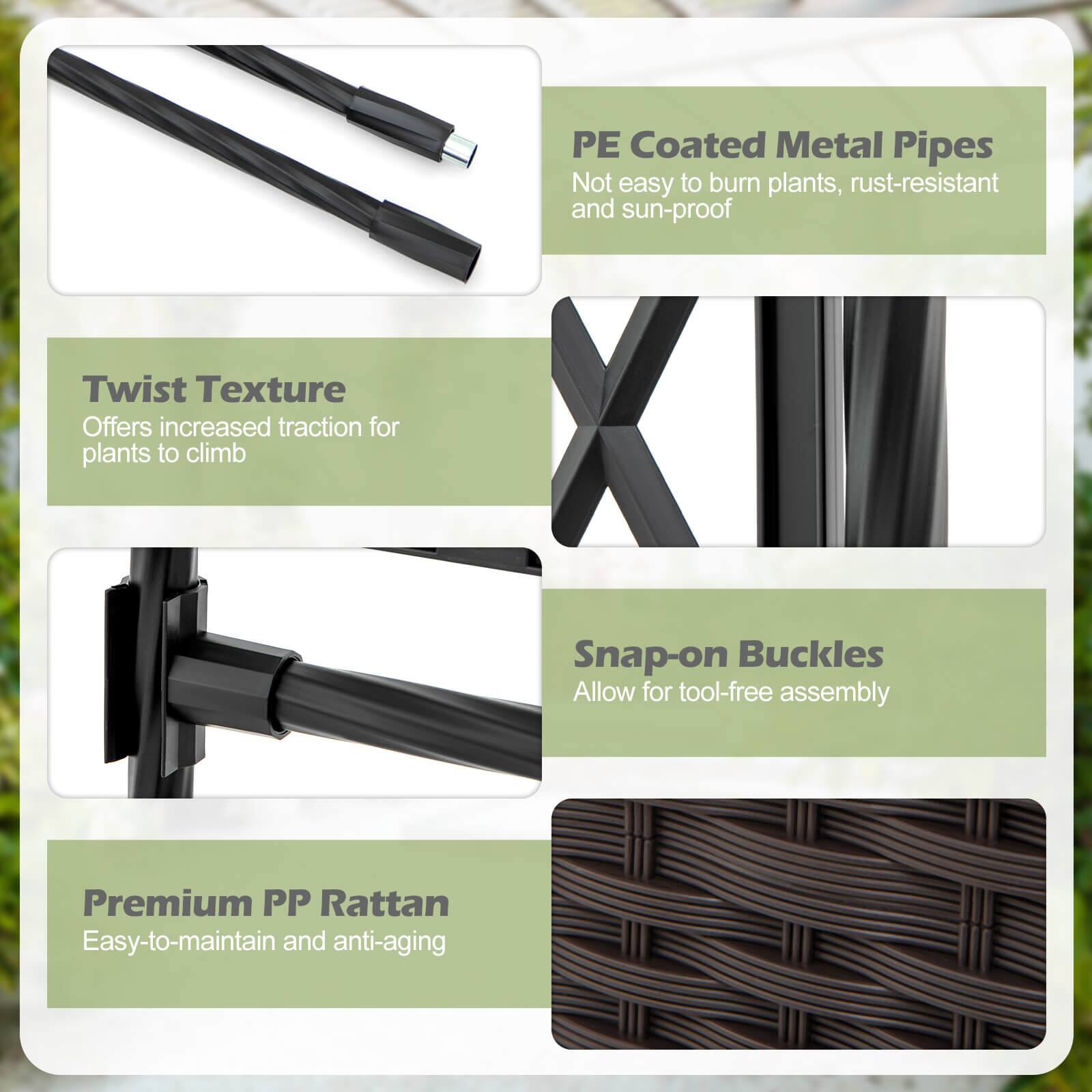 - Twist Texture: Offers increased traction for plants to climb
- PE Coated Metal Pipes: Not easy to burn plants, rust-resistant and sun-proof
- Snap-on Buckles: Allow for tool-free assembly
- Premium PP Rattan: Easy-to-maintain and anti-aging