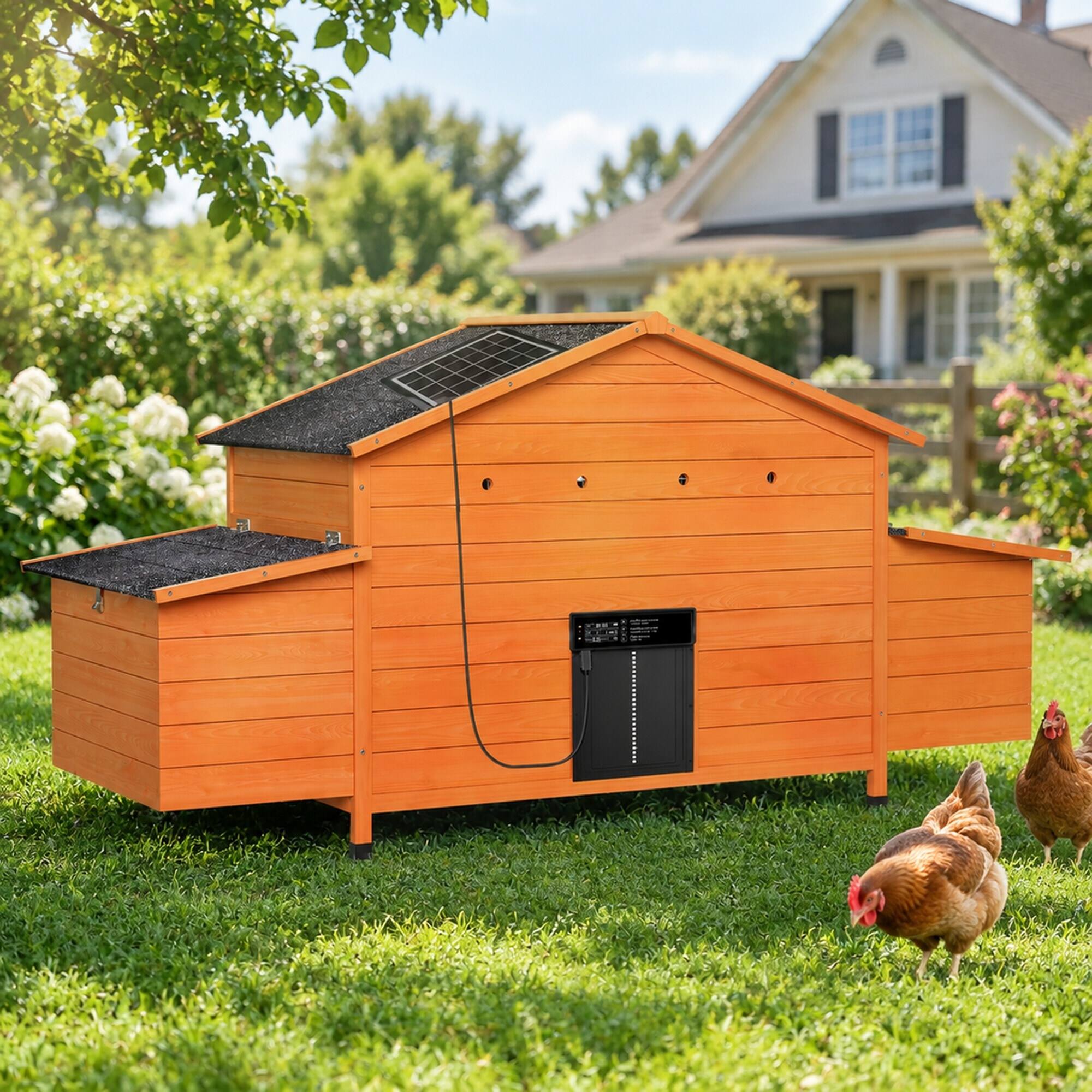 Left. RYHNUYNE - 70 Inch Automatic Chicken Coop, Solar Powered Door, Solid Wood, 2 Nesting Boxes, Pull Out Tray.