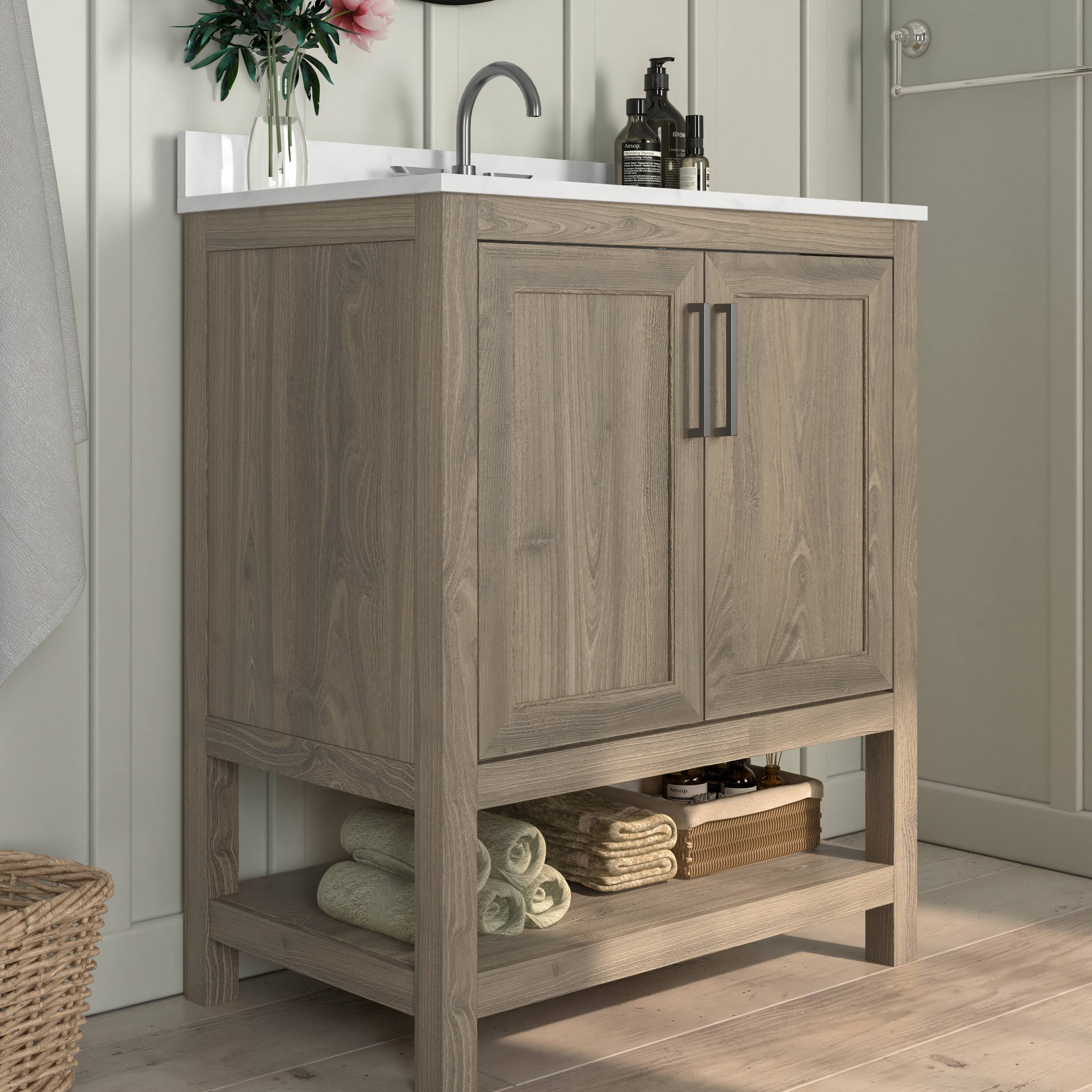 Alt View 3. Emma + Oliver - Vesta Bathroom Vanity, Single Sink Cabinet with 2 Soft Close Doors and Open Shelf, Carrara Marble Finish Countertop - Brown.