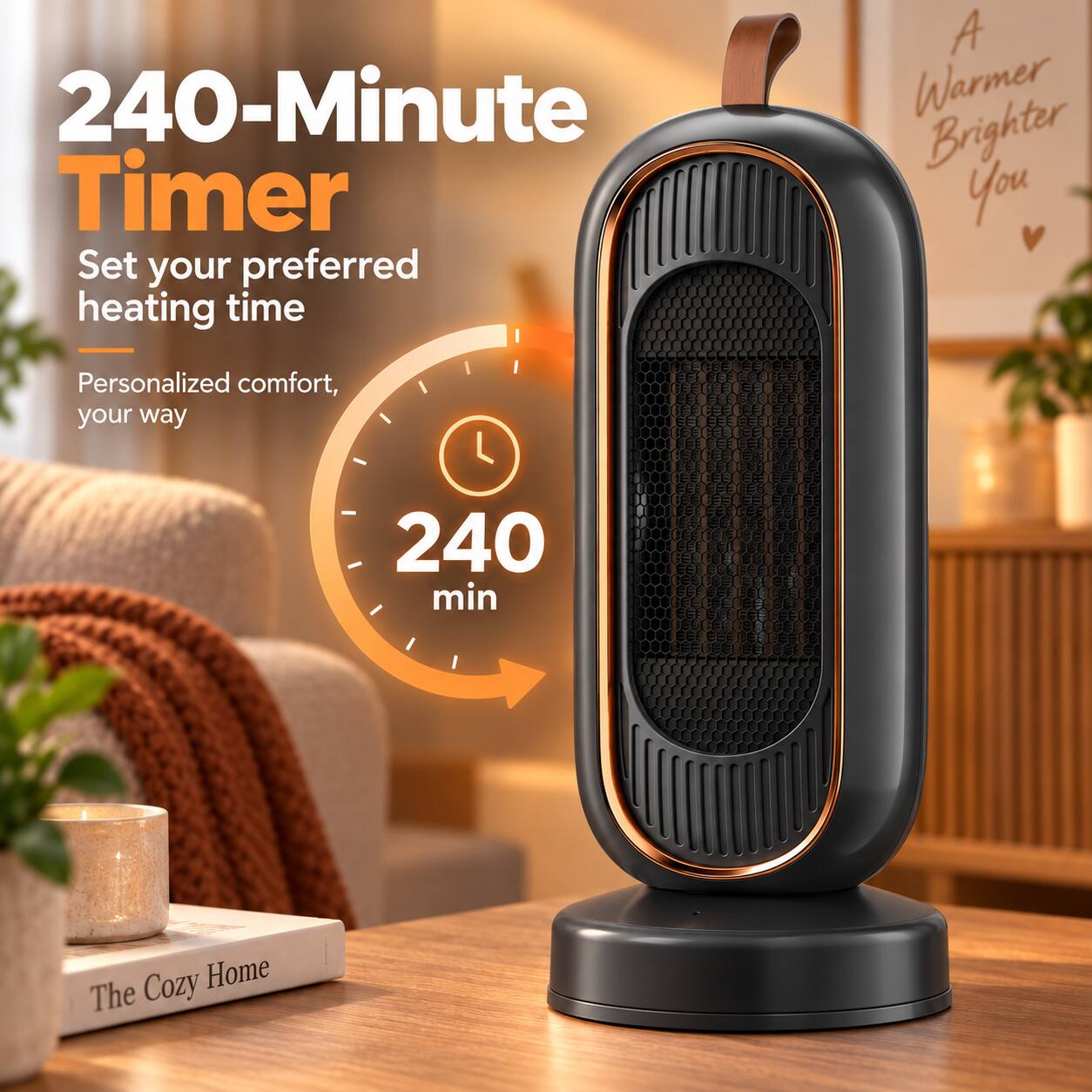 240-Minute Timer  
Set your preferred heating time  
Personalized comfort, your way  
240 min  

A Warmer Brighter You  
The Cozy Home