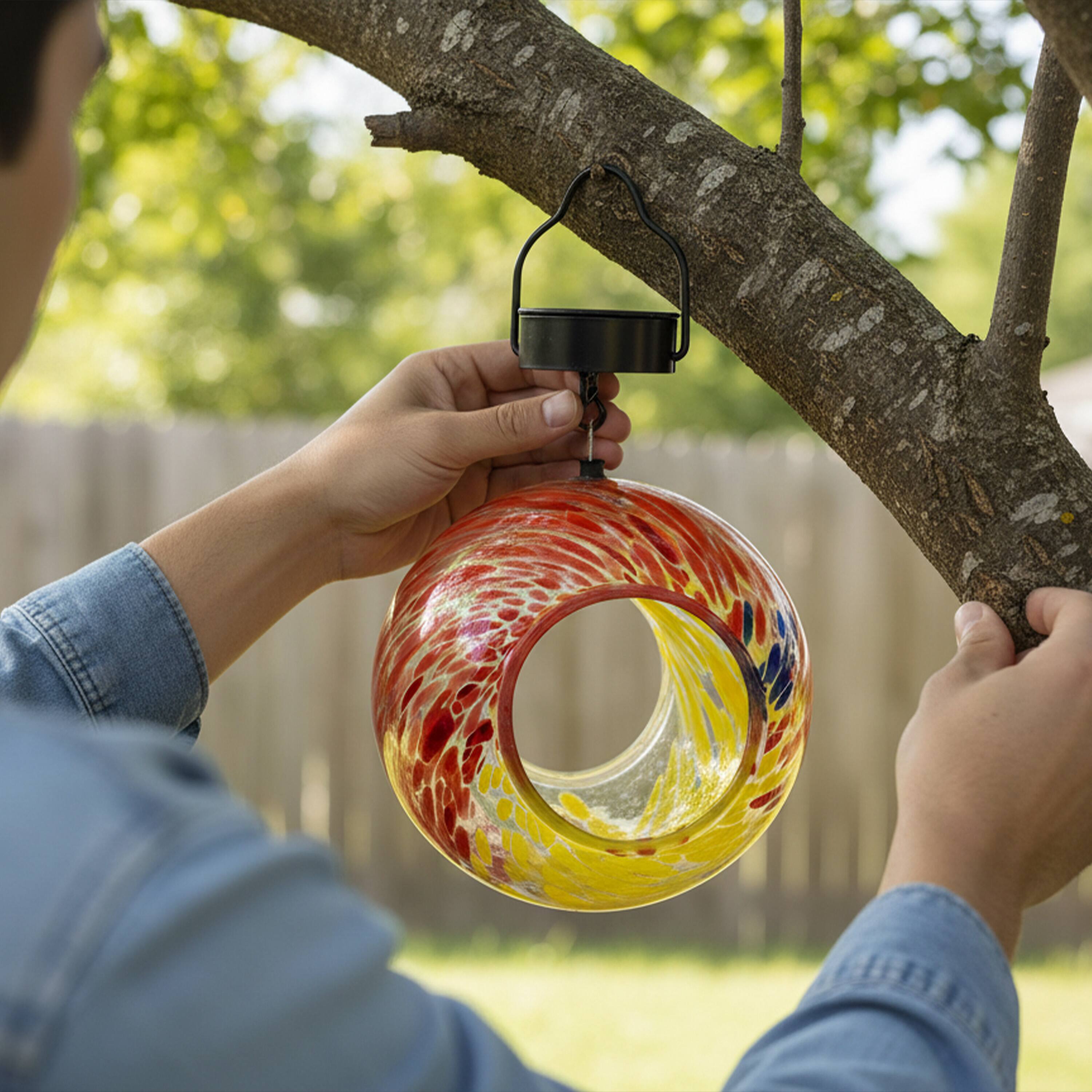 Alt View 8. Sunnydaze - Solar Glass Fly-Through Hanging Bird Feeder - 6" - Rainbow Swirl.
