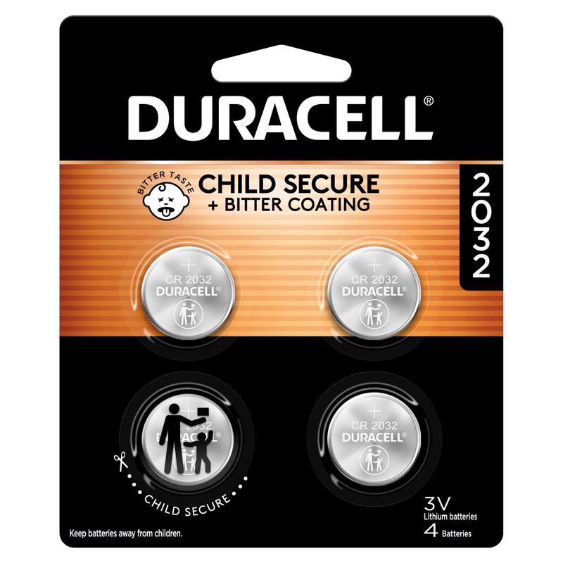DURACELL  
CHILD SECURE + BITTER COATING  
CR 2032  
3V Lithium batteries  
4 Batteries  
Keep batteries away from children.