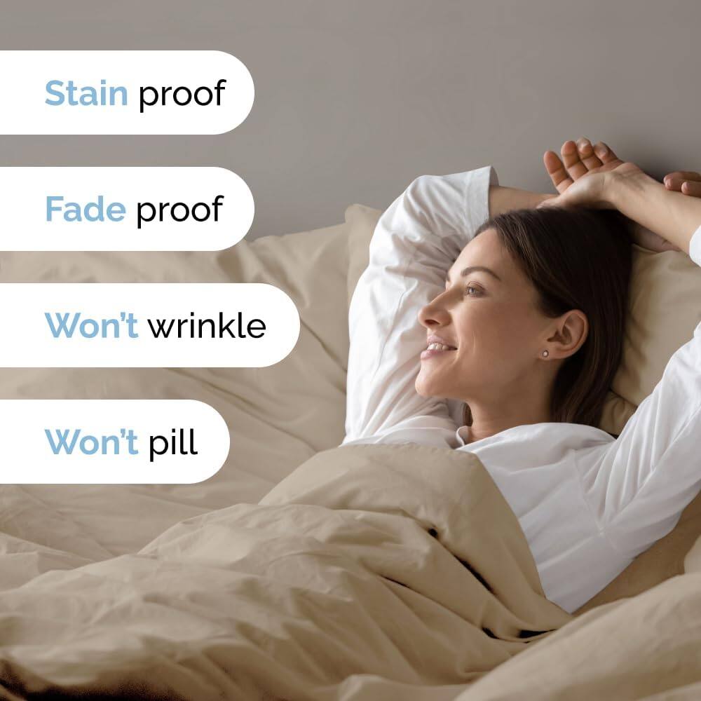 Stain proof  
Fade proof  
Won't wrinkle  
Won't pill